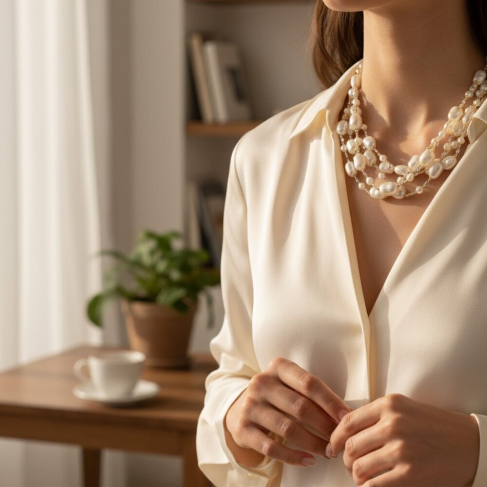 Kenneth Jay Lane 4 Rows of Pearls/Crystals Beads on Gold Tone Chain Necklace